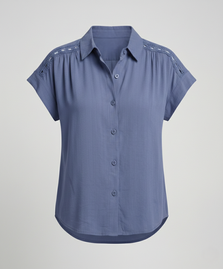 Short Sleeve Blouse Top Women with Crochet Accents