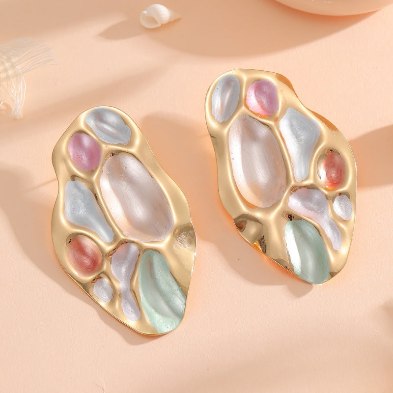 Ladies ear clips with elaborate, colorful shell design All Fashion