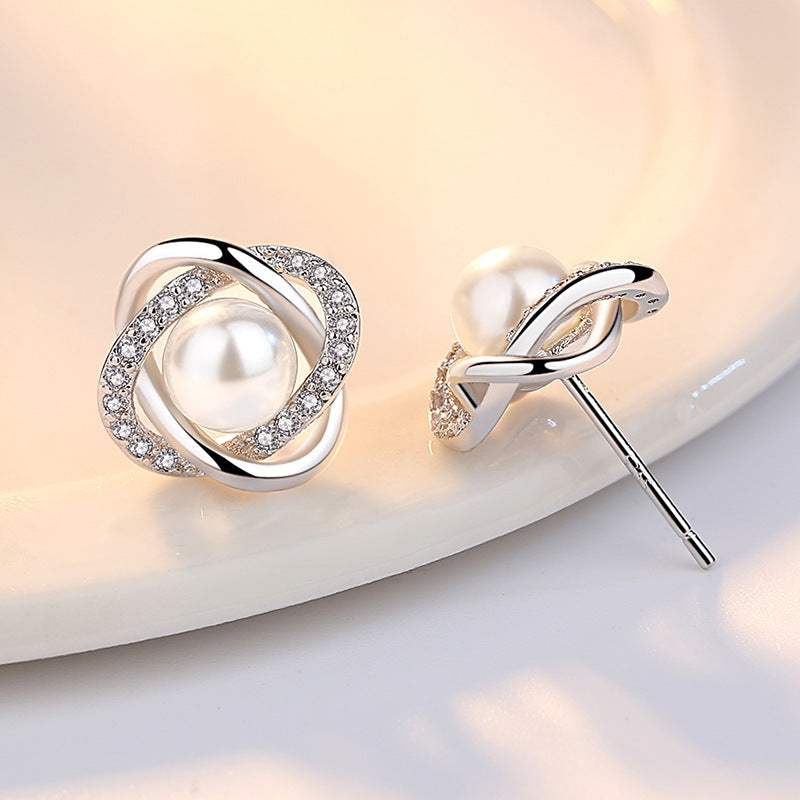 Ladies earrings with artistic pearl design and sparkling zirconia All Fashion
