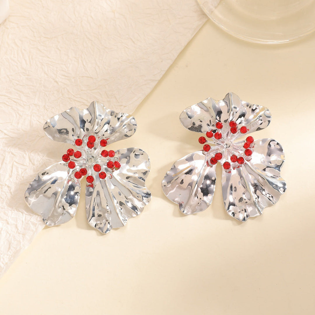 Women’s metal flower earrings with sparkling red accents All Fashion