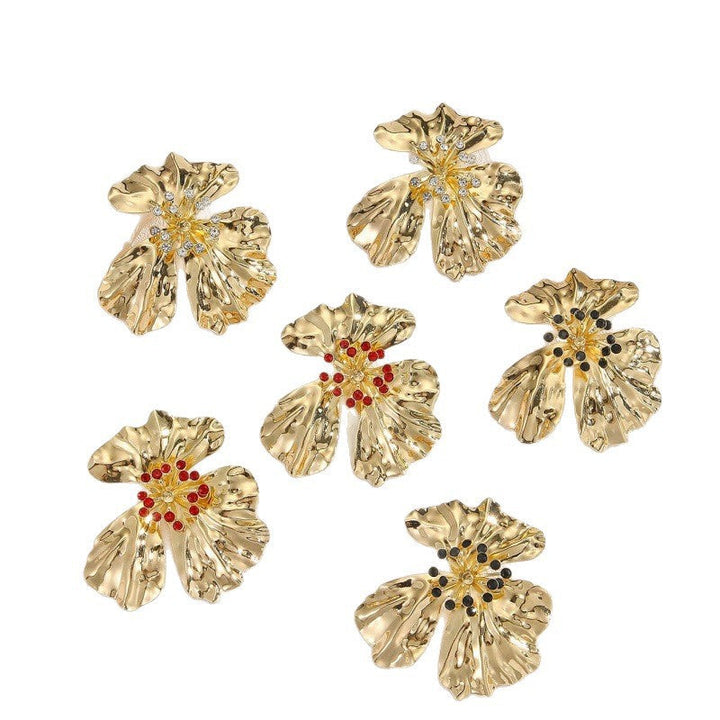 Women’s metal flower earrings with sparkling red accents All Fashion