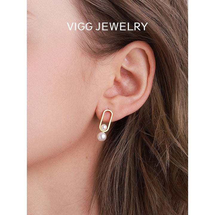 Women's stud earrings with modern oval design and elegant pearls All Fashion