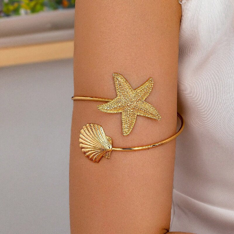 Women Open Bangle with Maritime Star and Shell Design All Fashion