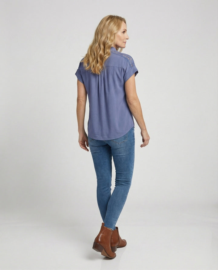 Short Sleeve Blouse Top Women with Crochet Accents