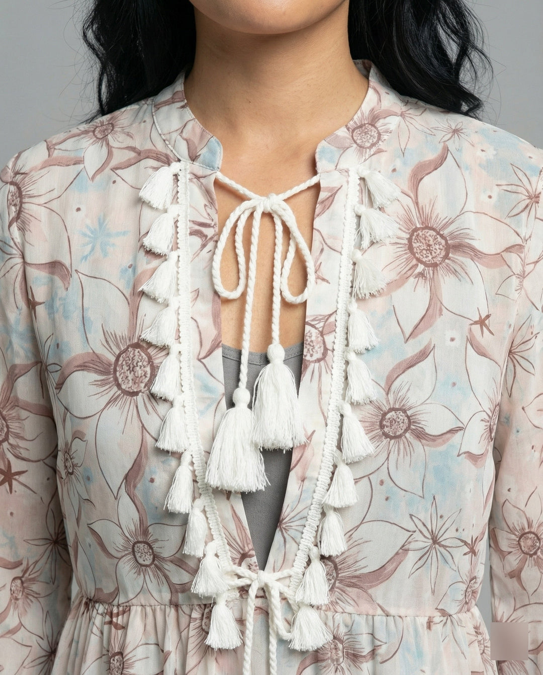 Women's beach dress with high collar and romantic floral pattern