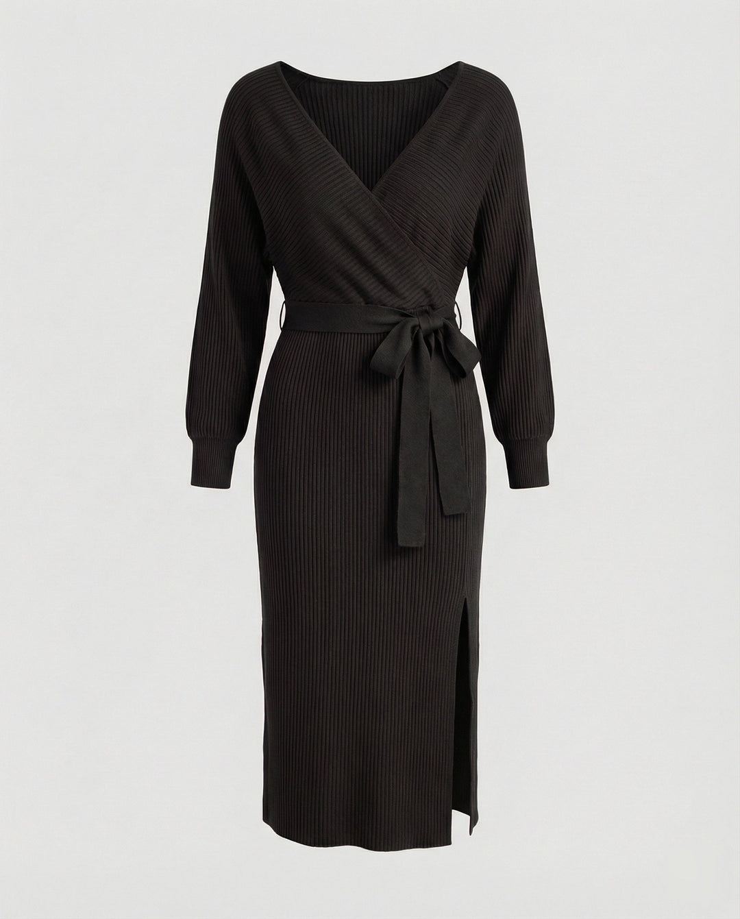 Women's knitted dress with elegant wrap design and decorative belt