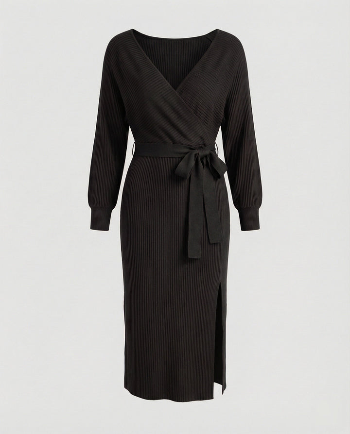 Women's knitted dress with elegant wrap design and decorative belt
