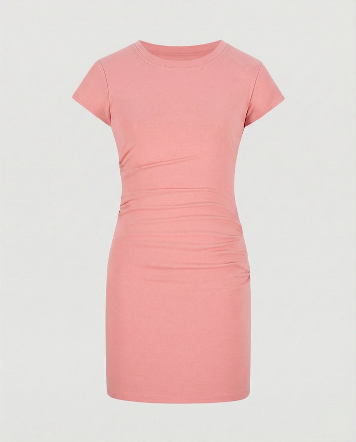 Figure-hugging mini dress with round neck and gathers for summer