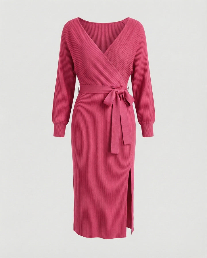 Women's knitted dress with elegant wrap design and decorative belt