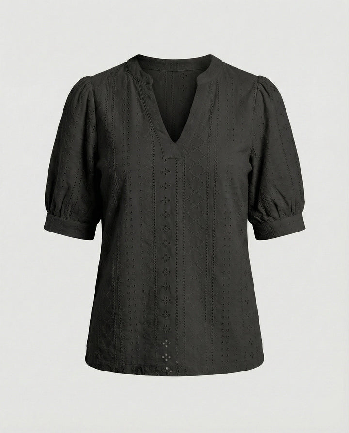Ladies Lace Embroidery Blouse Top with Puff Sleeves