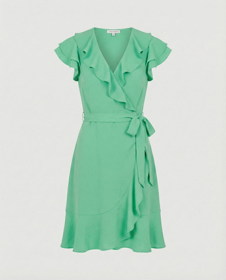 Women's wrap dress with voluminous ruffle details and waist belt