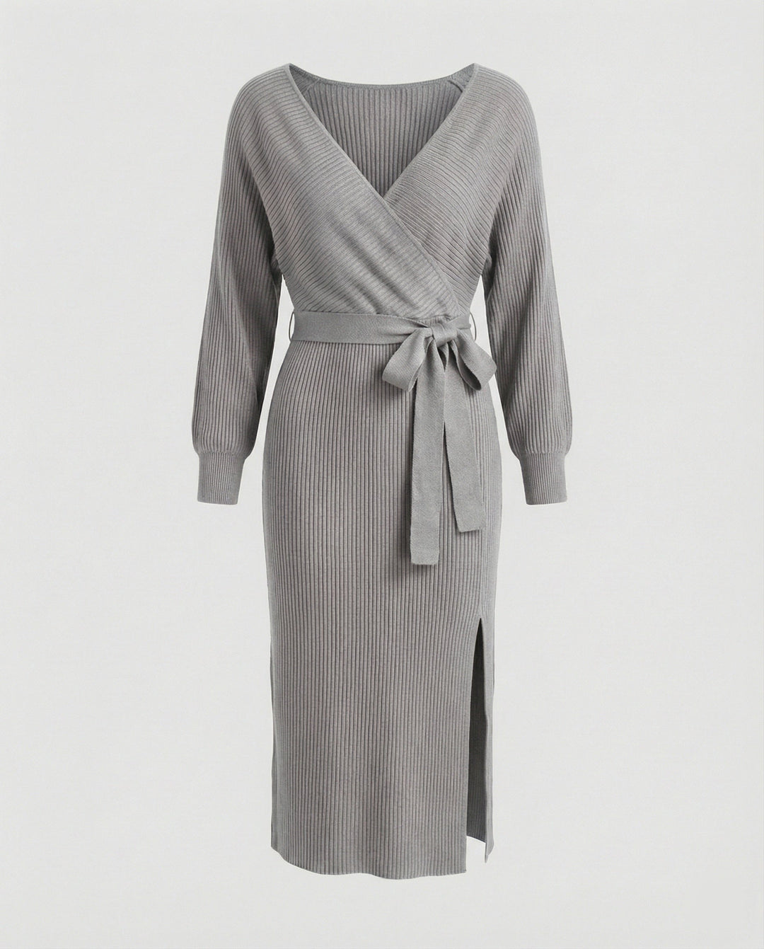 Women's knitted dress with elegant wrap design and decorative belt