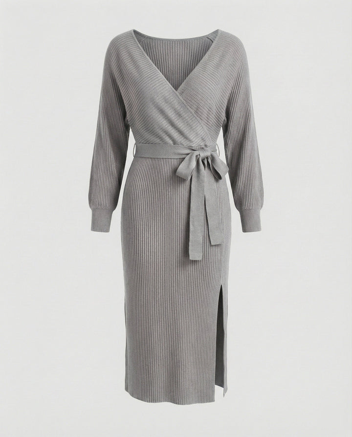 Women's knitted dress with elegant wrap design and decorative belt
