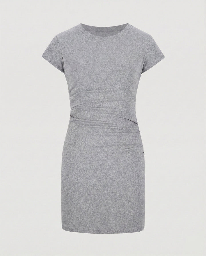 Figure-hugging mini dress with round neck and gathers for summer