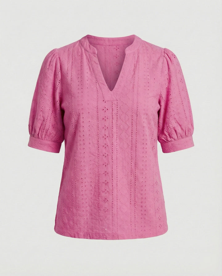 Ladies Lace Embroidery Blouse Top with Puff Sleeves