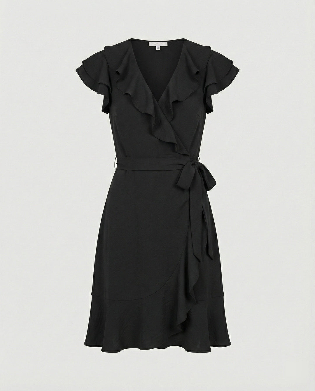 Women's wrap dress with voluminous ruffle details and waist belt