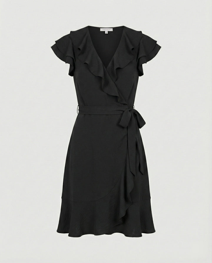 Women's wrap dress with voluminous ruffle details and waist belt