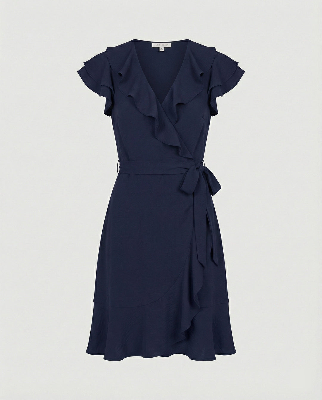 Women's wrap dress with voluminous ruffle details and waist belt
