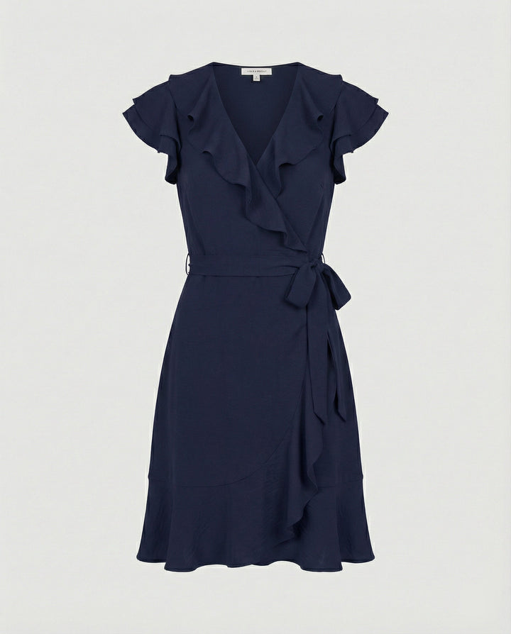 Women's wrap dress with voluminous ruffle details and waist belt
