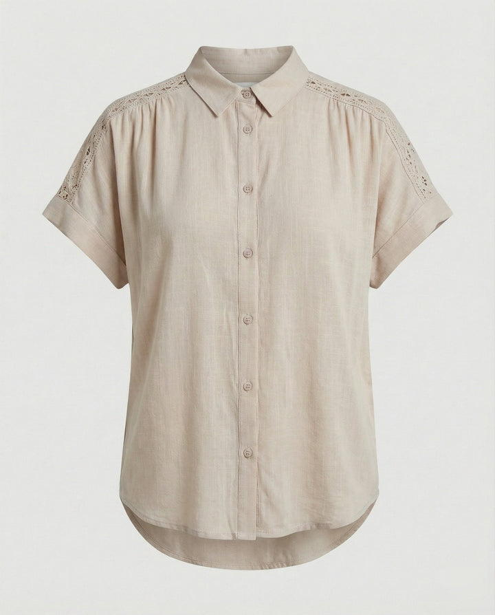 Short Sleeve Blouse Top Women with Crochet Accents