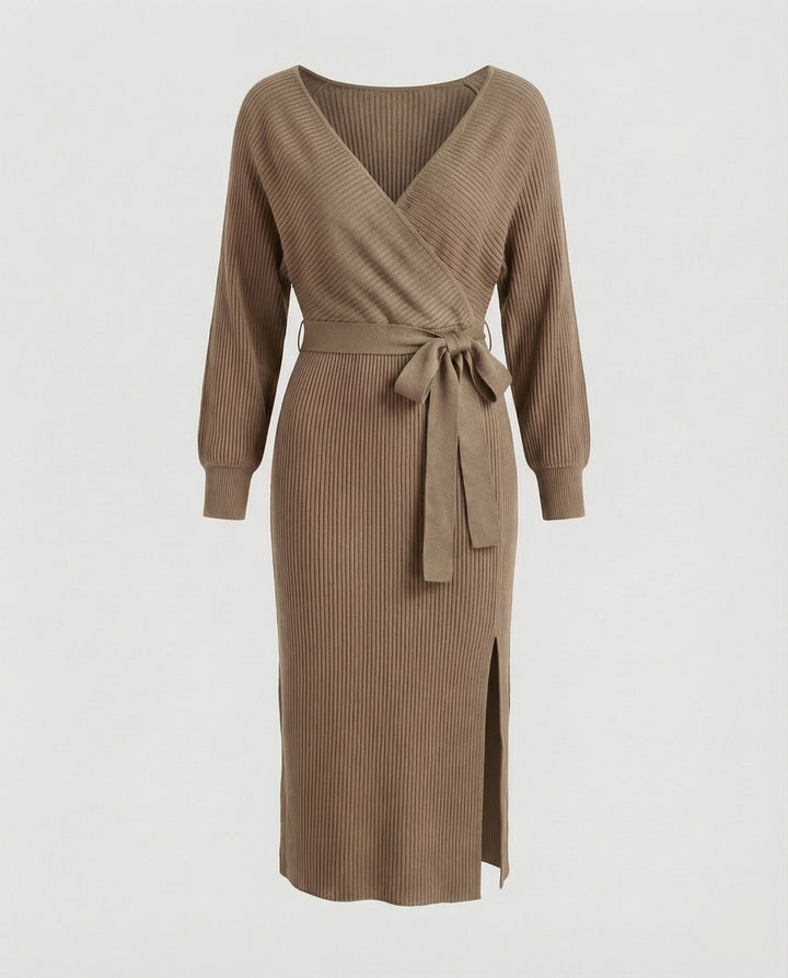 Women's knitted dress with elegant wrap design and decorative belt