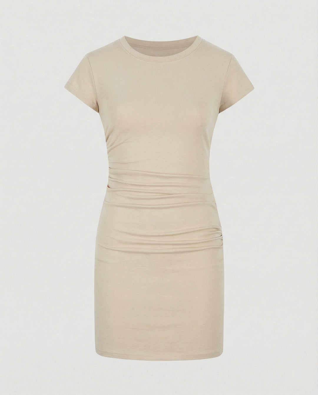 Figure-hugging mini dress with round neck and gathers for summer