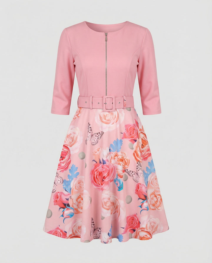 Women A-line dress with fitted belt and floral pattern
