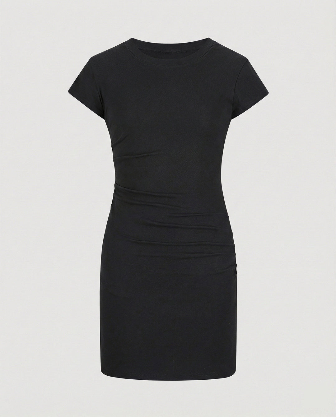 Figure-hugging mini dress with round neck and gathers for summer
