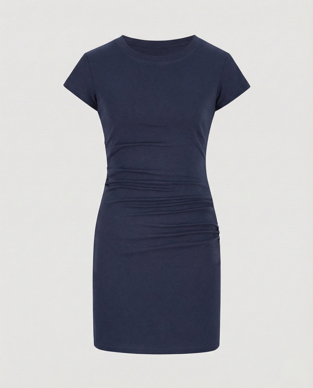 Figure-hugging mini dress with round neck and gathers for summer